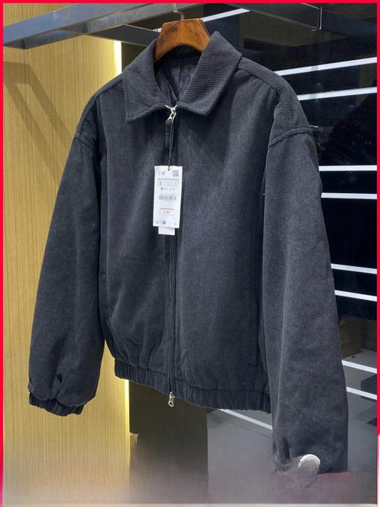 

Retro American Sle Corduroy Jaet Thiened Casual Cotton Coat for Men Loose Fit Warm Winter Outerwear Zipper Decoration