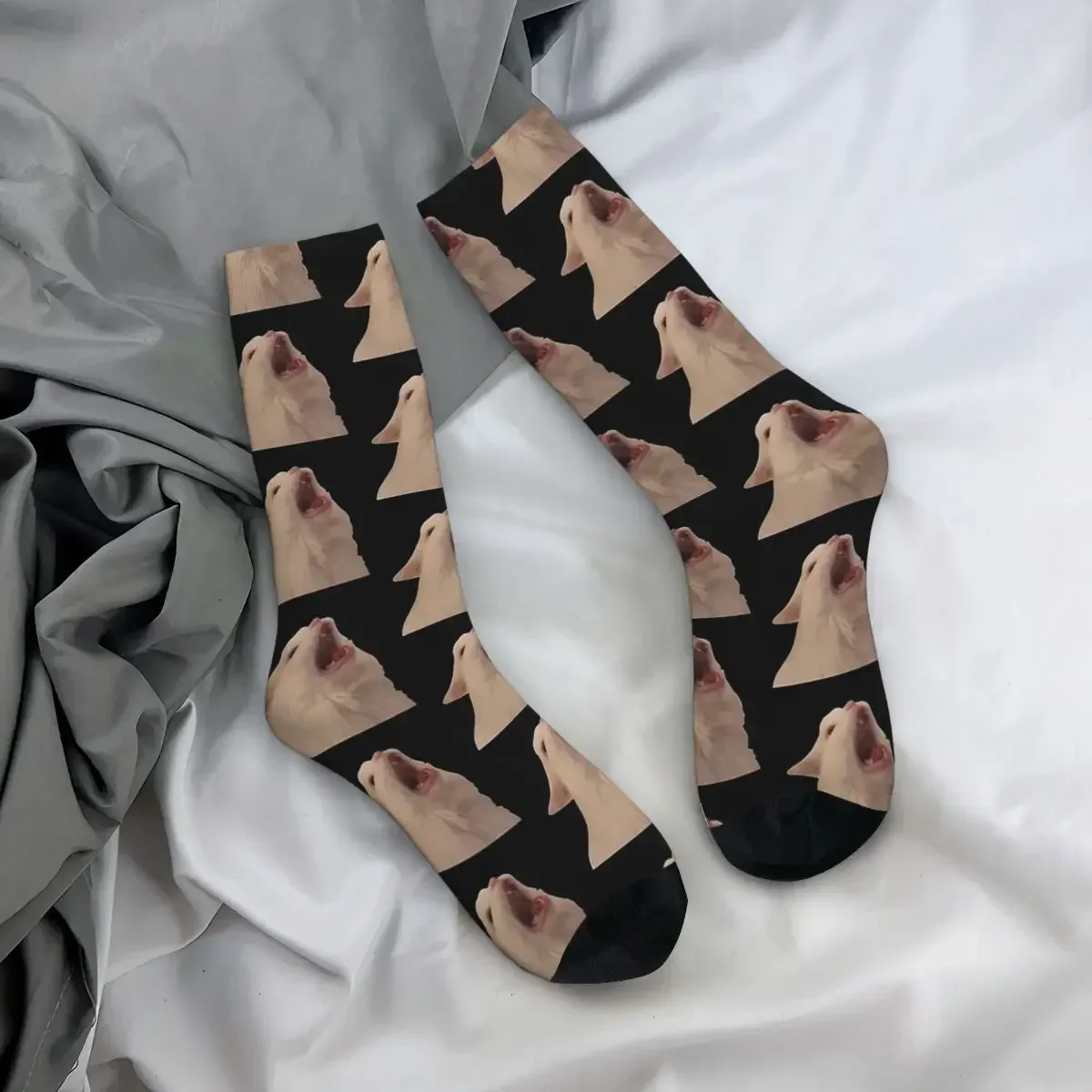 White Cat Screaming Meme Socks Harajuku Absorbing Stockings All Season Long Socks Accessories for Man's Woman's Birthday Present