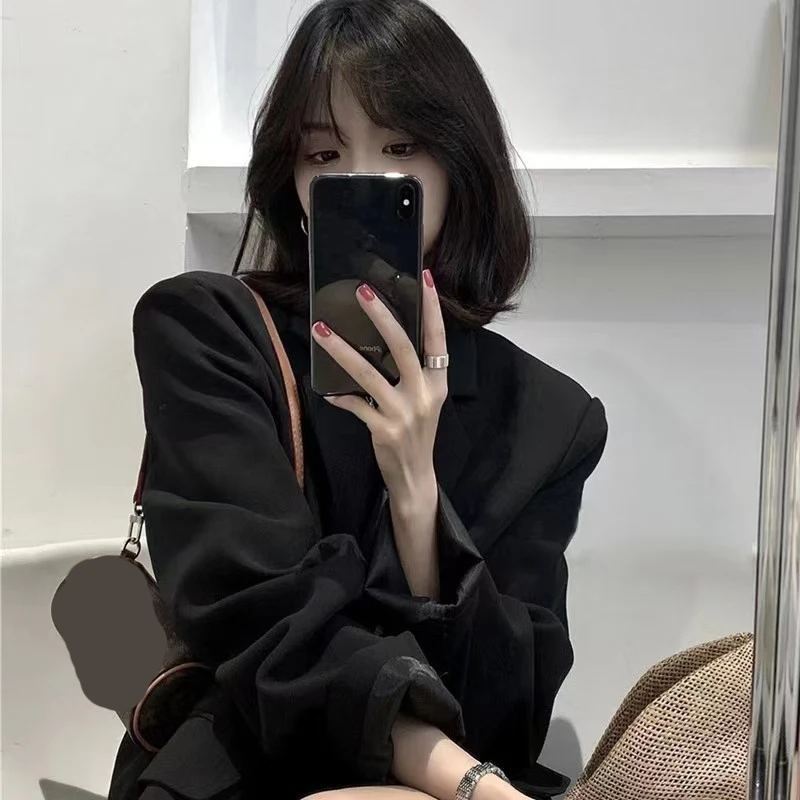 Single Breasted Black Suit Jackets Women Fashion Pocket Long Sleeve Blazers Woman Spring Autumn All Match Loose Outerwear