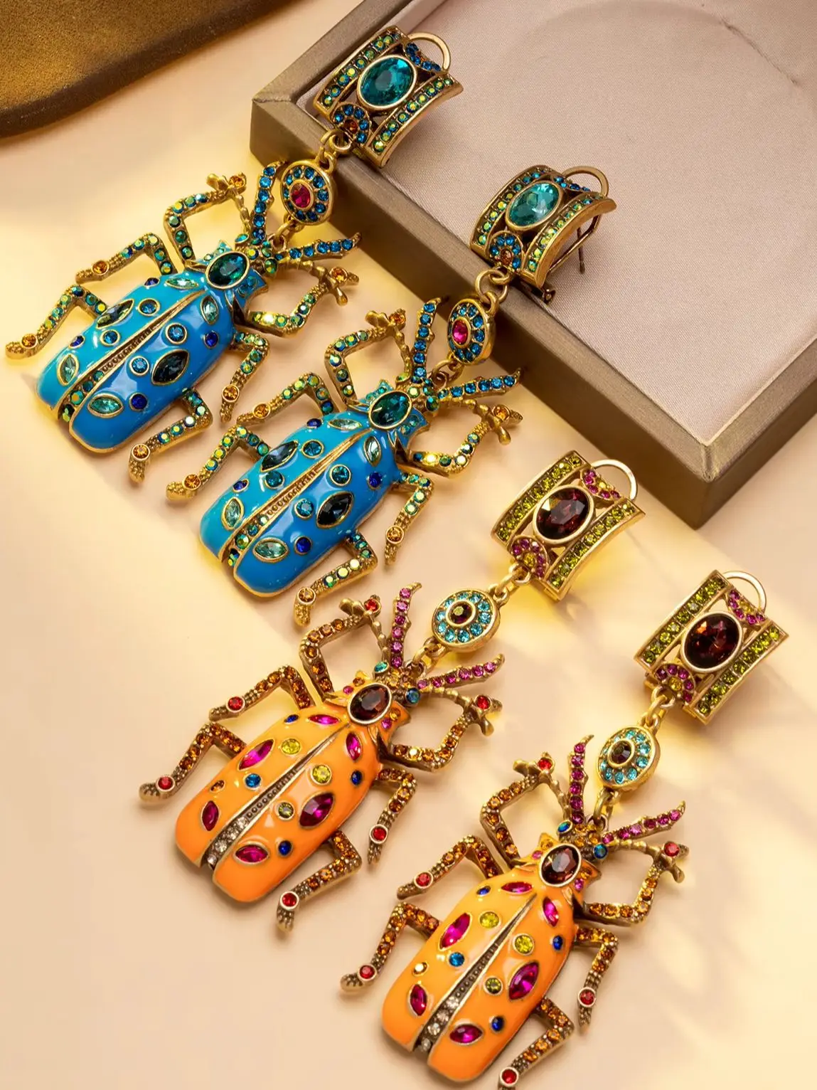 Vintage Enamel Beetle Colored Diamond Earrings, Multi-Colored Vintage Insect Long Drop Earrings