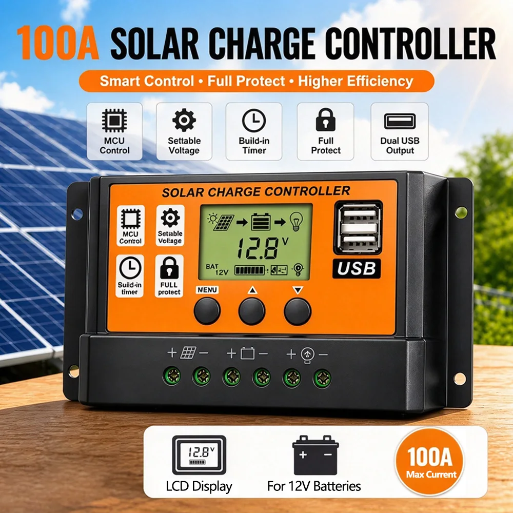 100A Solar Charge Controller 12V/24V Auto Voltage Recognition, Dual USB Port LCD Display Solar Panel Regulator with Timer Setting, for RV Camping Boat Off-Grid System