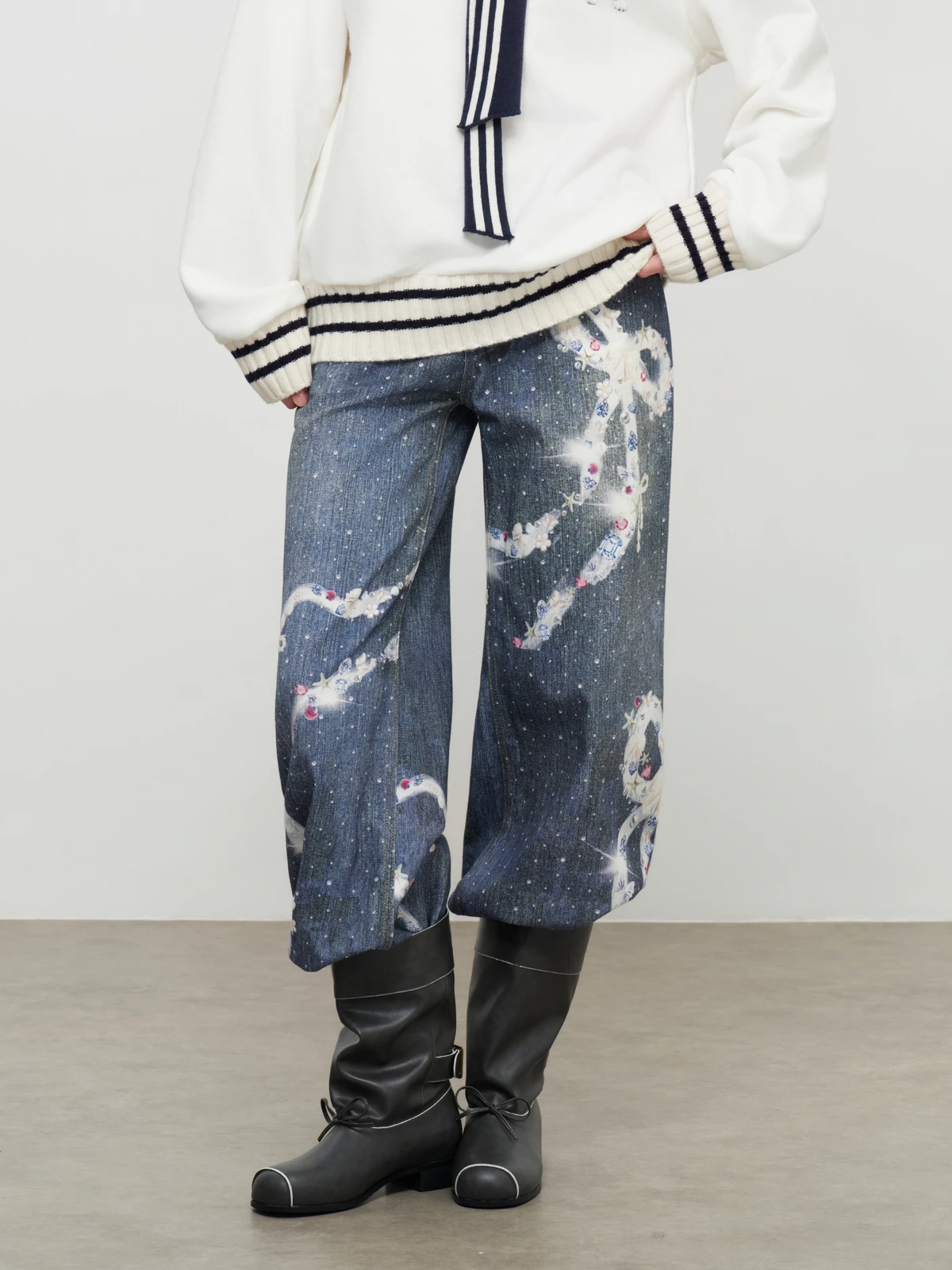 

Retro Distressed Print Loose Jeans Long Pants Casual Style Wide Leg Natural Waist Cotton Fabric Zipper Closure Spring Autumn ...