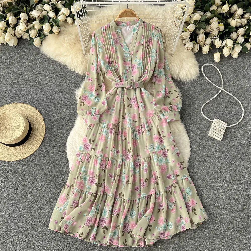 Fashion V-neck long sleeve dress new spring chiffon floral long dress female super Sensen sweet little fresh fairy