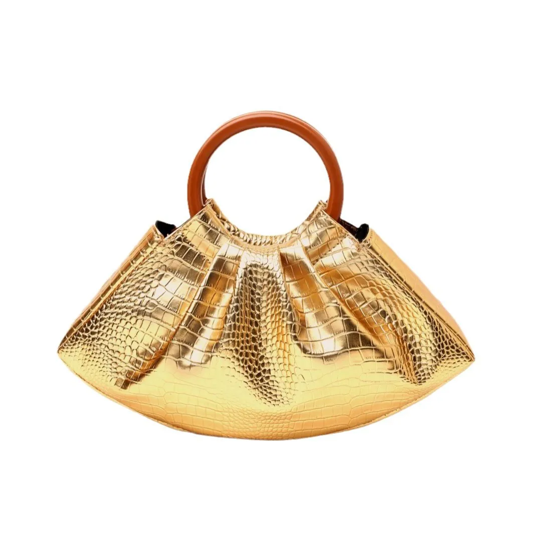 

New Women's Luxury Wooden Round Handle Wrist Pleated Handbag Wedding Dinner Clutch Top Designer Fashion Cloud Bag Handbag