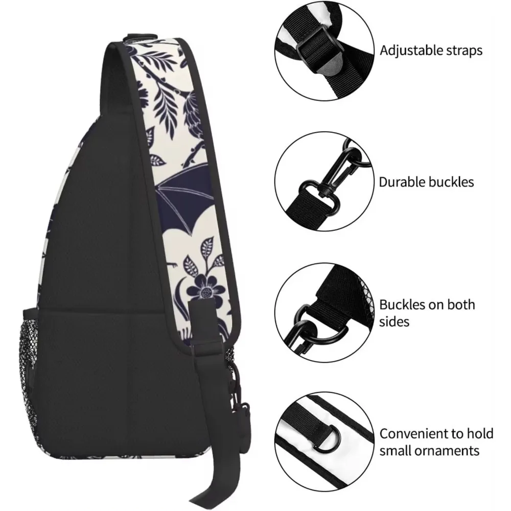 Halloween Bat Flower Crossbody Backpack Sling Bag for Men Women Daypack with Water Bottle Holder for Travel Shoulder Chest Bags