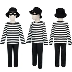 Thief Cosplay Costume Full Sets Burglar Black White Stripe for Kids Outfit Halloween Carnival Party Clothes Roleplay