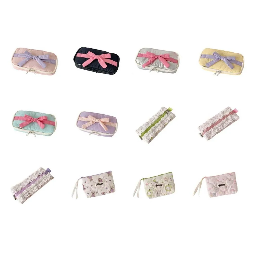 Bowknot القوس حقيبة أدوات مكتبية تخزين سطح المكتب الحلو الدانتيل الكورية نمط مقلمة الوردي/الأرجواني Ins نمط القوس قلم رصاص الحقيبة المدرسة