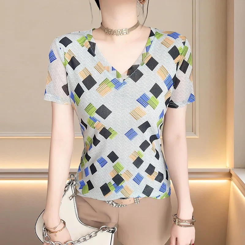 Women Elegant Summer Mesh V Neck T Shirt Colorful Square Print Slim Fit Short Sleeve Versatile Casual Blouse
