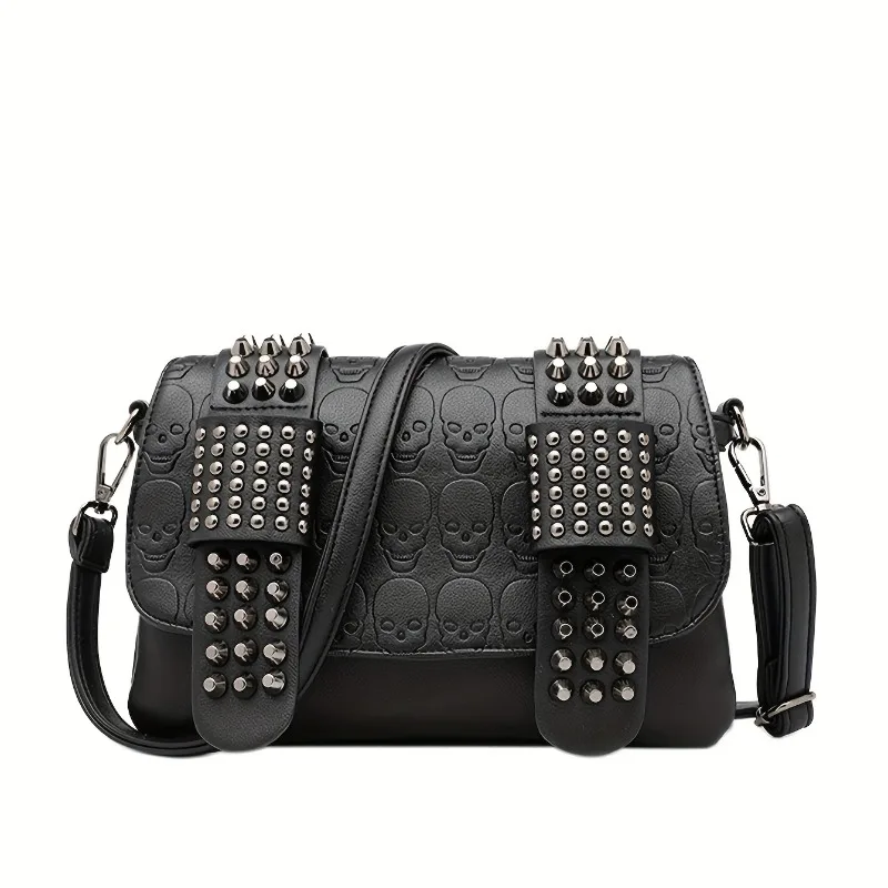 

Trendy Skeleton Head Rivet Embossed Crossbody Shoulder Bag for Women PU Leather Street Fashion Style