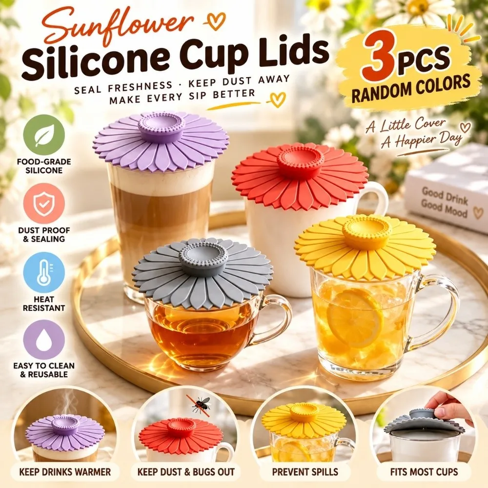 3pcs Sunflower Silicone Cup Lid Dustproof Heat Resistant Daisy Silicone Mug Cover Leak Proof Reusable Sealed Lid Cup Cover