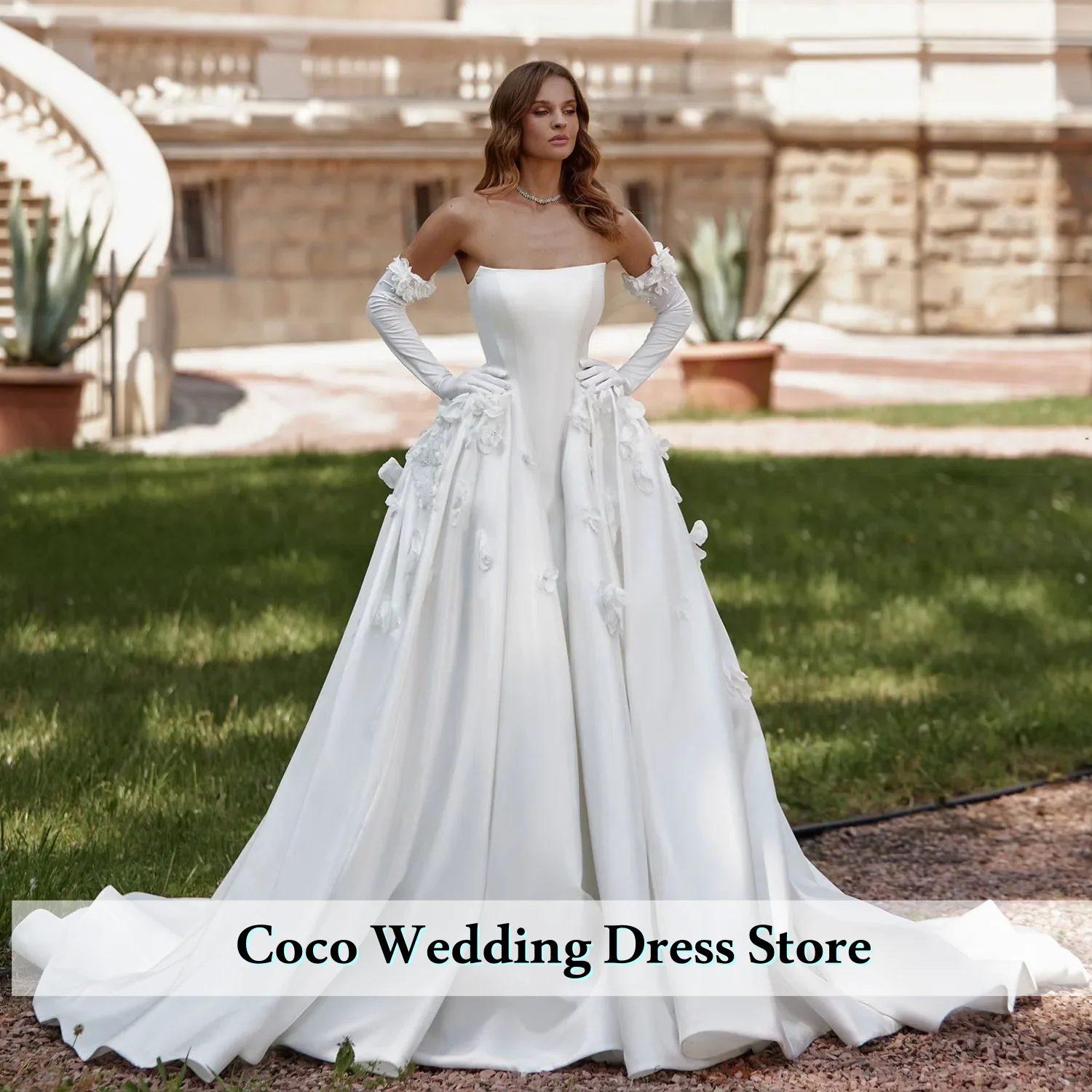 تخصيص الأبيض مذهل حمالة العنق الساتان الزفاف نمت مع الزهور ثلاثية الأبعاد ألف خط فساتين الزفاف الدانتيل Vestido De Noival