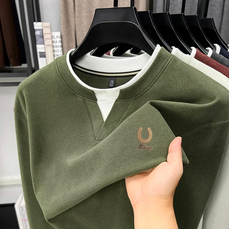 High-End Men Long Sleeve T-Shirt False Two-Piece Round Neck Color Blocking Embroidery T-Shirt Fashion Casual Hot-Selling for Men