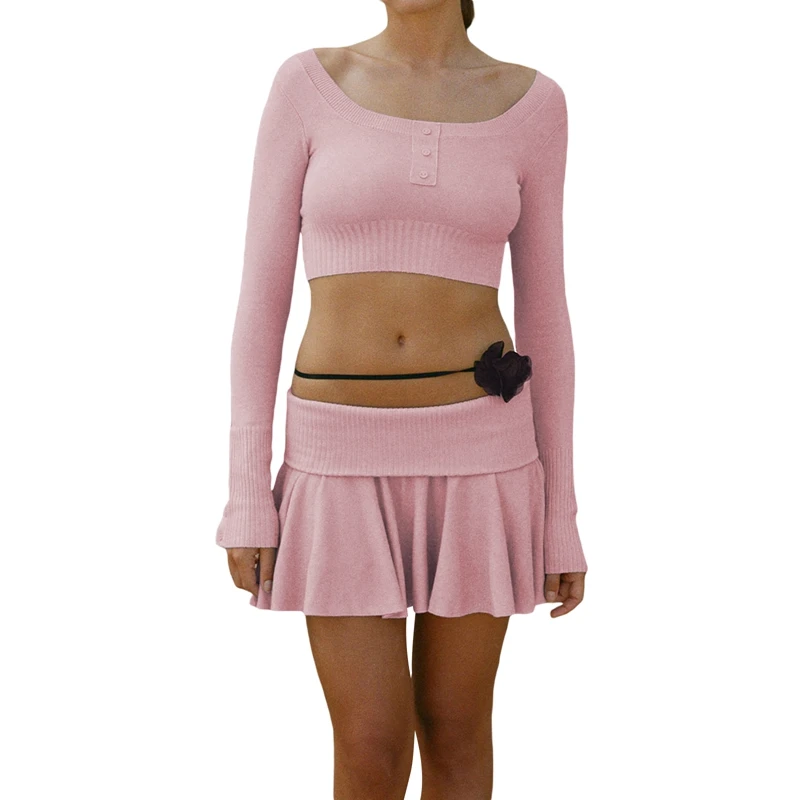 90s Vintage Knitted 2 Piece Set Chic Women Button O Neck Long Sleeve Crop Top T-shirt + Low Waist Pleated Mini Skirt Outfits