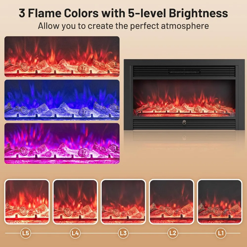 Electric Fireplace Wall-Mounted Recessed 3-Color Flame 5-Level Brightness 8-Hour Timer 750/1500W Freestanding Insert Black