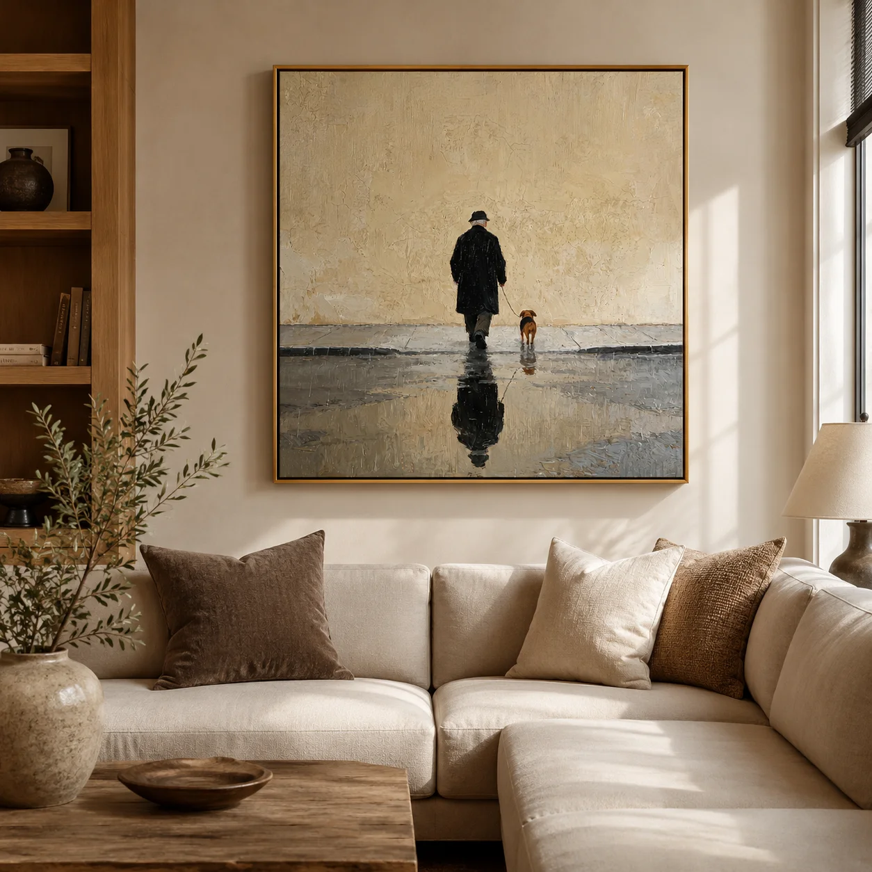 The Rainy Reflection – Moody Folk Man & Dog Portrait Painting | Minimalist Square Entryway Art for Bedroom, Living Room, Office
