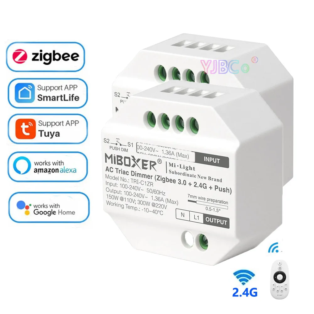 MiBoxer Zigbee 3.0 AC Triac RF Push Dimmer 110-240V  TRI-C1/TRI-C1ZR Tuya App /Voice /Remote Control for For Single Color Lights