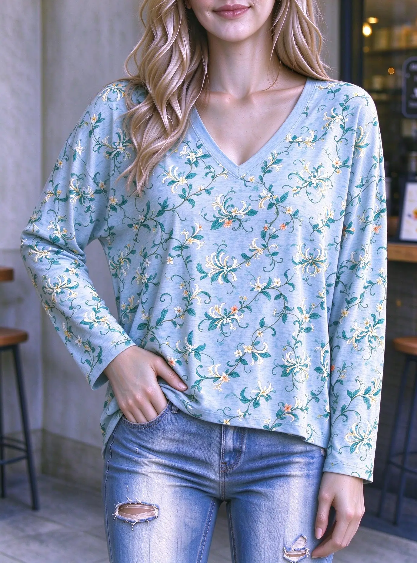 Women V Neck Long Sleeve Light Green Vine Floral Print Casual Top