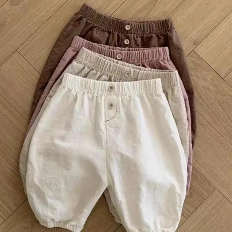 

2024 Summer New Baby Simple Casual Pants Comfortable Versatile Infant Toddler Cropped Pants Baby Boy Girl Solid Loose Trousers