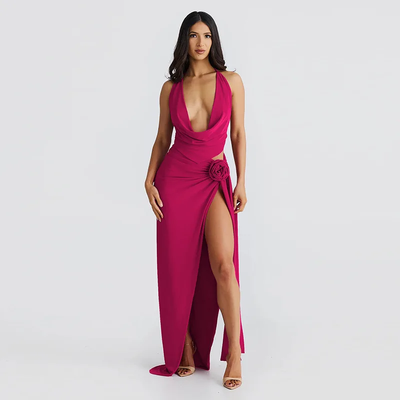 

Summer 2026 New Women's Lace-up Halter Sexy Deep V-Neck Neck Suspender High Split Flower Pary Maxi Dresses Vestido Plus Size 9XL
