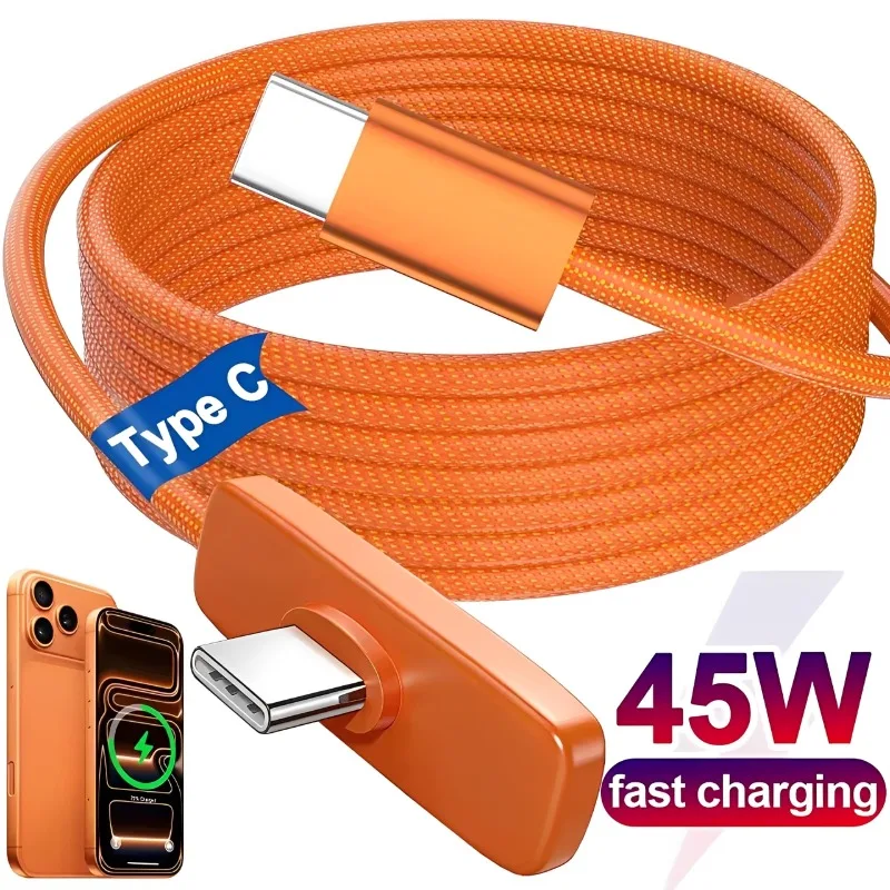 PD 45W Fast Charging Type-C Right Angle Data Cable Nylon Braided USB C To C Wire Cord for iPhone 17 16 15 ProMax Samsung Android