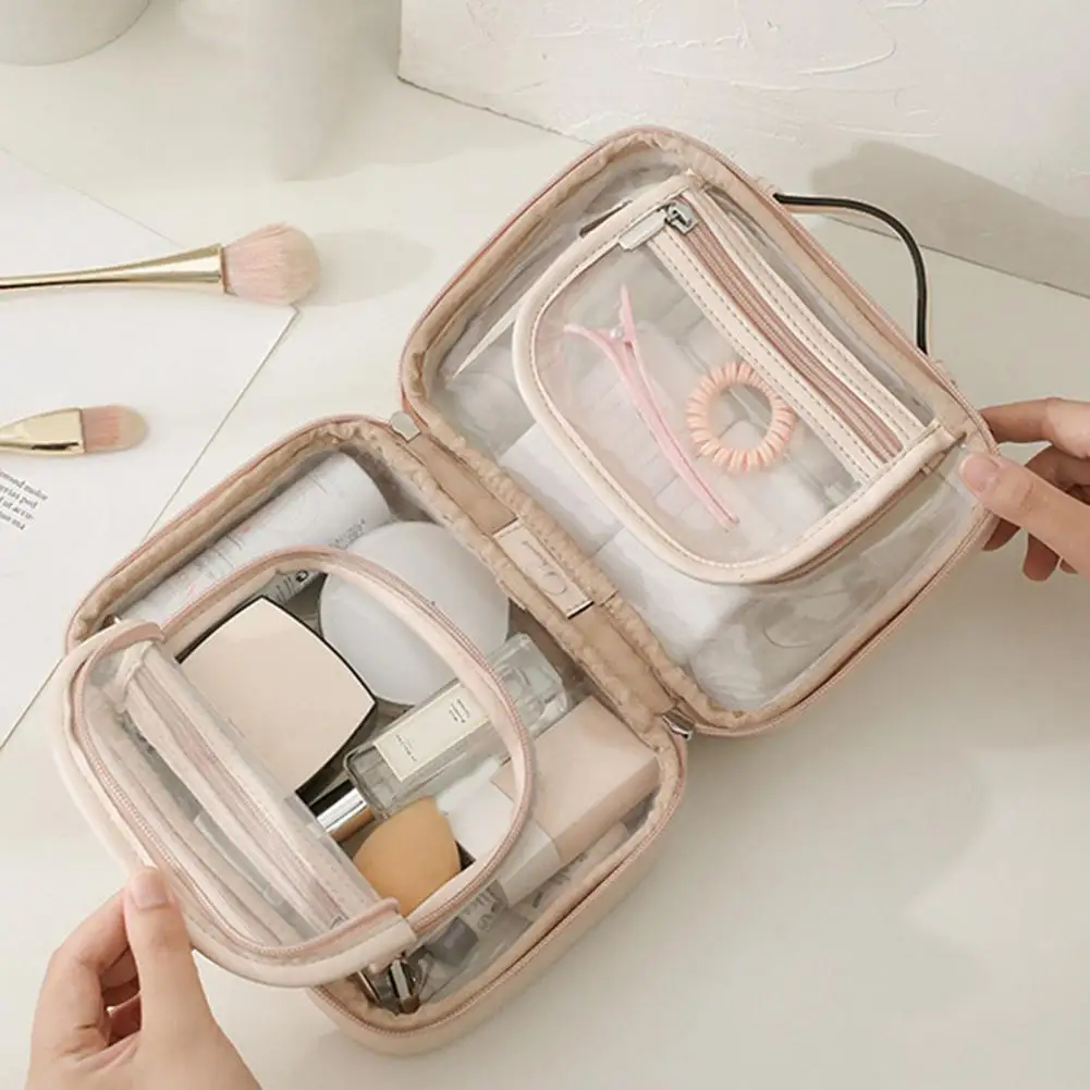 Borsa cosmetica visibile chiusura con cerniera per Organizer cosmetico di grande capacità con manico borsa per il trucco da viaggio forniture per la