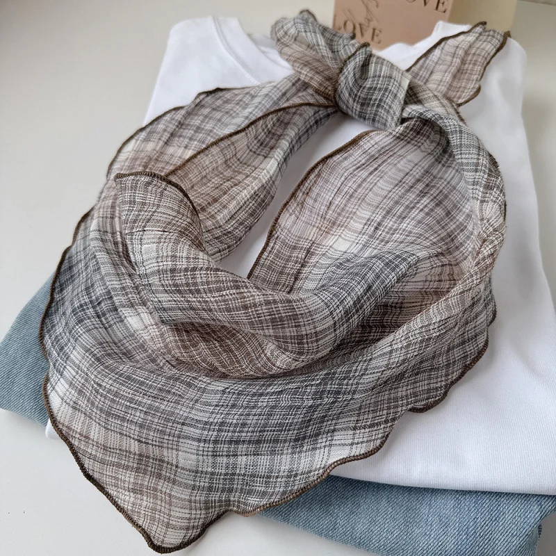

Новый женский льняной шарф в японском стиле, с мелким клетчатым узором, в пасторальном стиле, для защиты шеи, легкий и удобный.