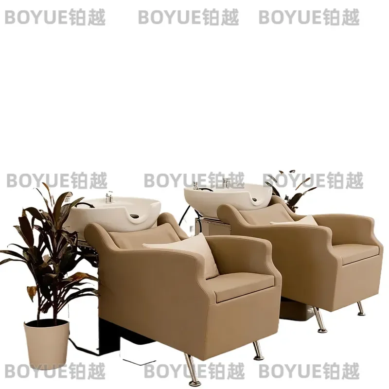 Salon Shampoo Chair Semi Reclining Barber Wash Station with Ceramic Basin Padded Seat Customizable Leather Hairdressing Bed
