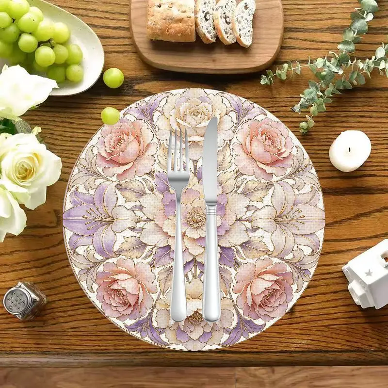 VIKAMA Luxury Gold Border Rose Lily Mandala Round Placemats Vintage Floral Heat Resistant Washable Luxury Dining Table Decor Mat