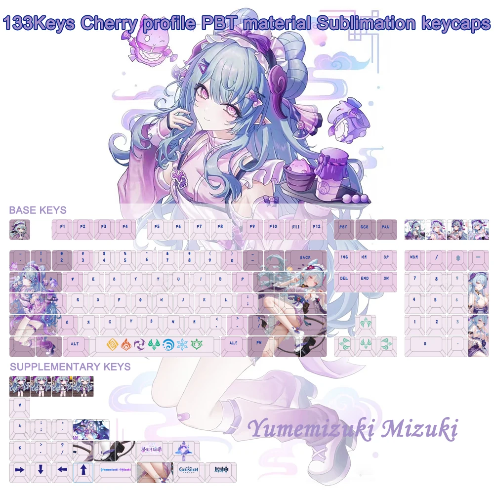 133 Keys Genshin Impact Yumemizuki Mizuki Keycaps PBT Dye-Sub Keycap Anime Cartoon Key Caps for MX Switches Mechanical Keyboard