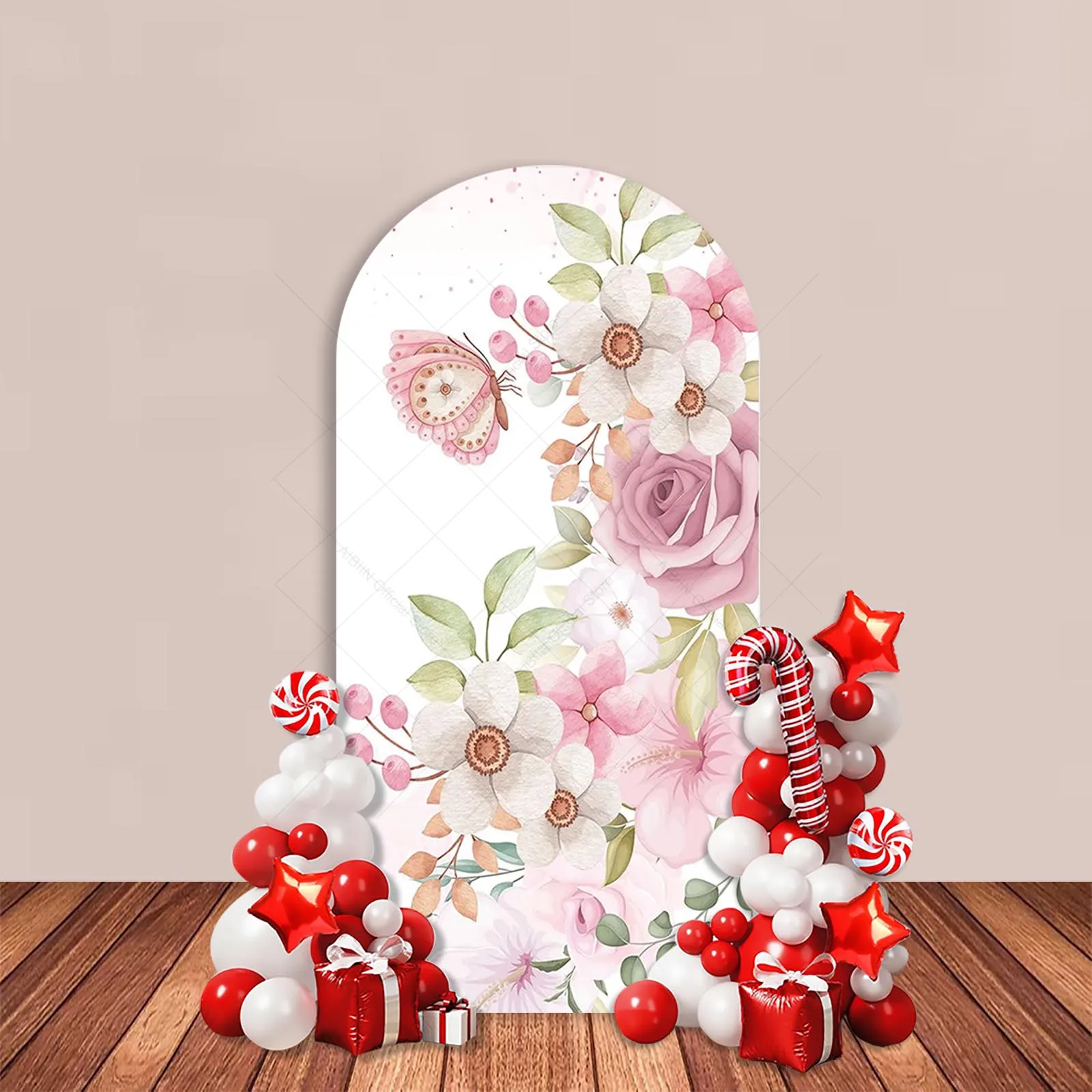 Pink Floral Arch Backdrop Cover Butterfly Girl Birthday Baby Shower Party Decoration Cake Smash Portrait Photozone Background