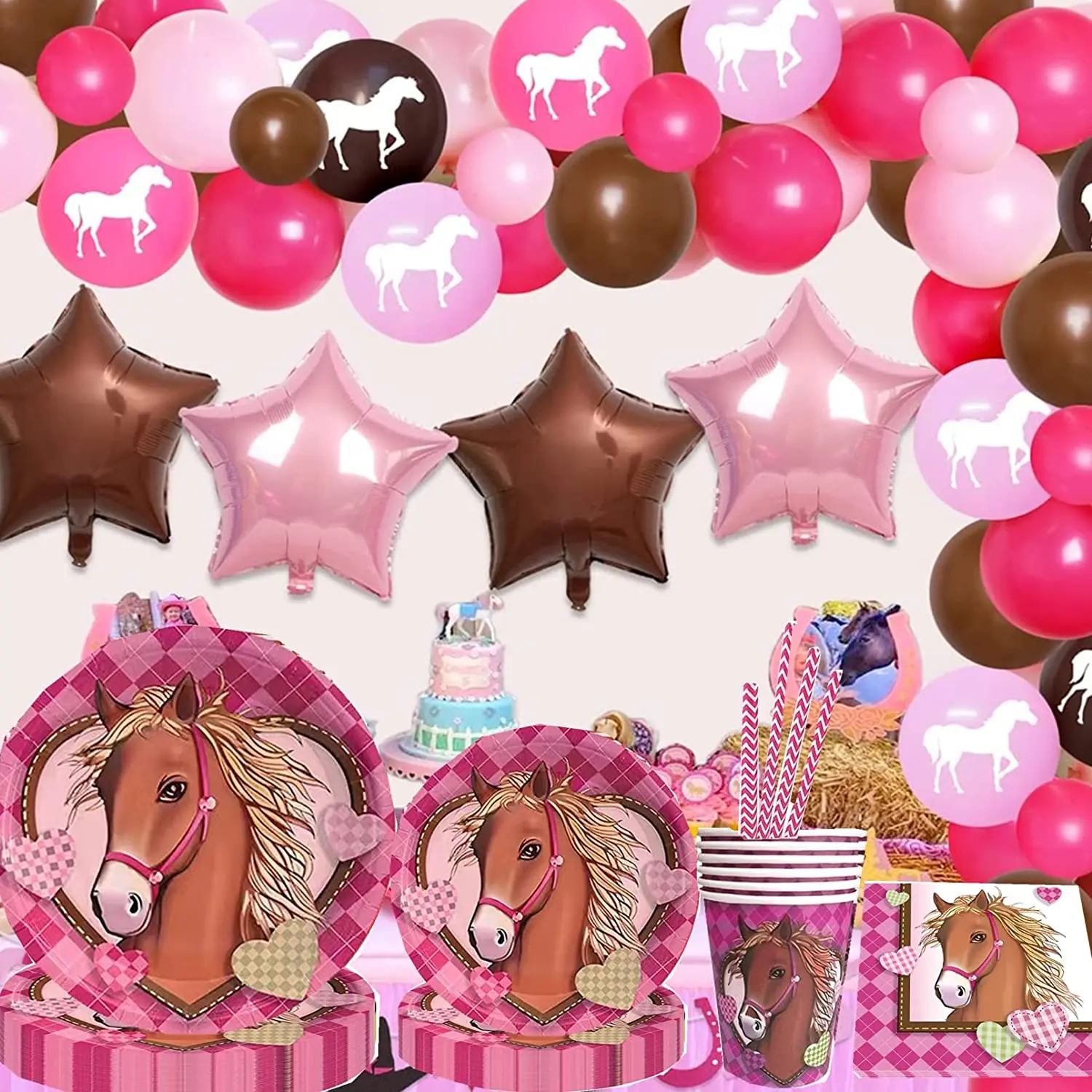 Pink Horse Party Decor, Disposable Tableware, Plates, Napkins, Cups, Banner, Ballons, Birthday Party Decor