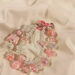 Mobile Phone Lanyard Short Wrist Chain Wave Dot Bow Handmade Beaded Pearl Pendant Love Crystal Bead Double Chain cute lanyard