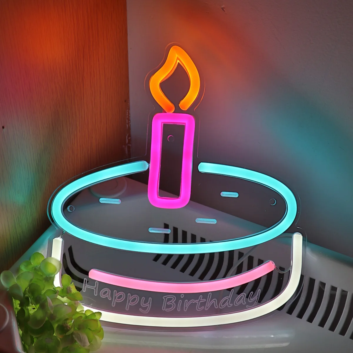 

1PC Letter Happy Birthday With Cake Candle Shape Wall LED Neon Sign For Birthday Room Party Decoration Gifts 8.07''*9.06''