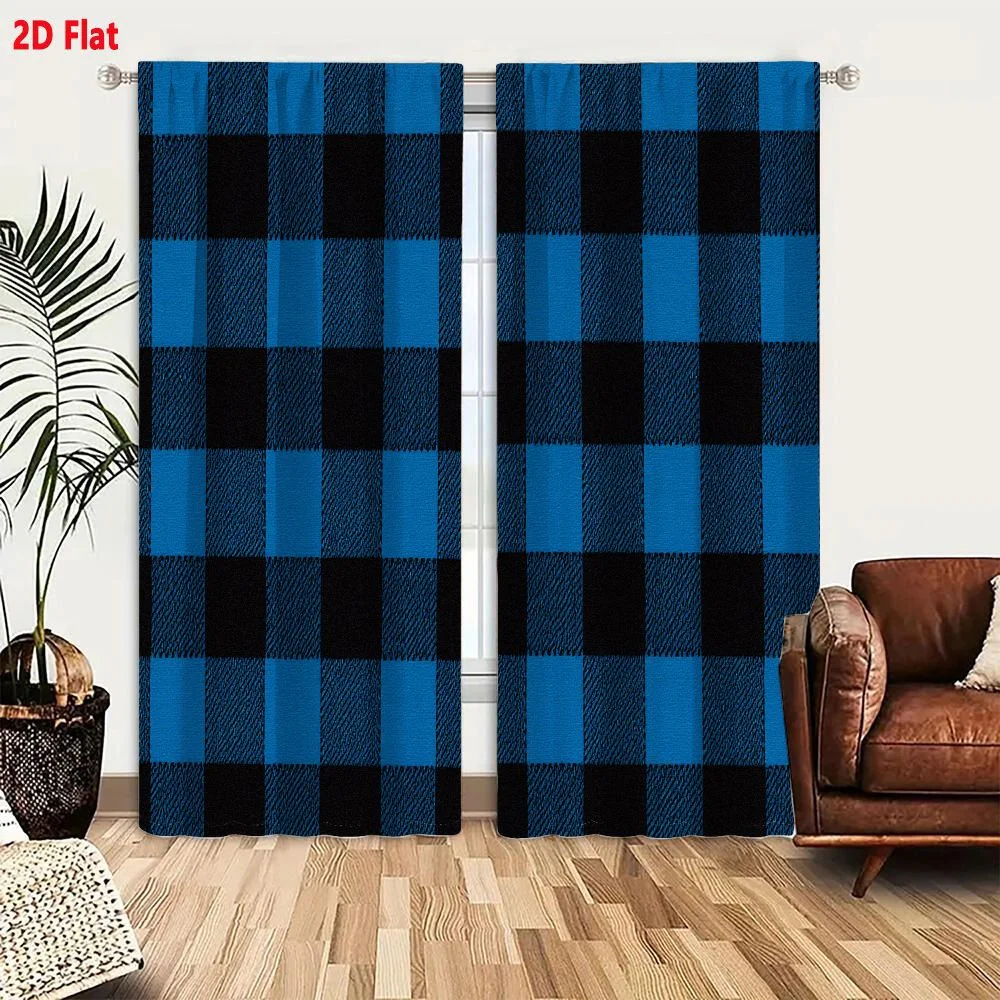 2Pcs Curtains 2D Flat Classic Buffalo Check Pattern Deep Black And Vibrant Medium Blue Symmetrical Geometric Textile Design Wind