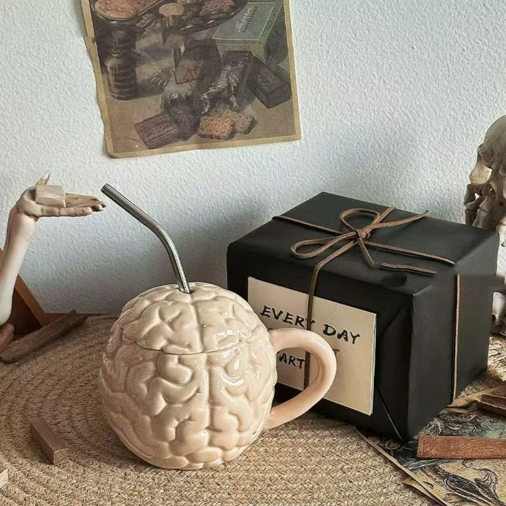 450ml Ceramic Coffee Mug with Handle And Lid Funny Brain Design Water Cup with Straw Halloween Themed Gift