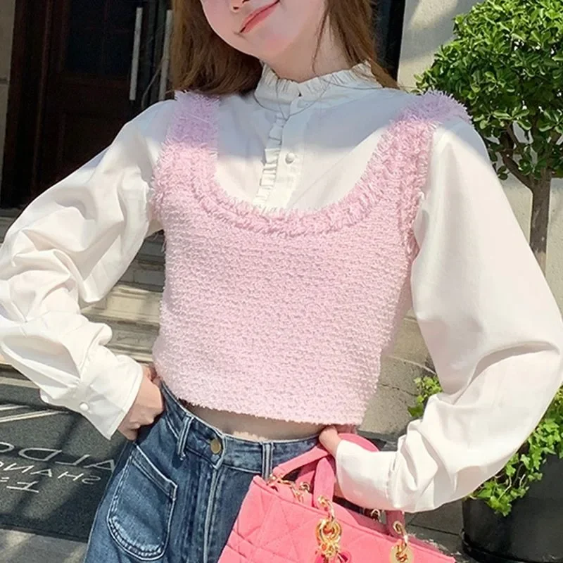 White Short Shirt Woman Korean Fashion Sweet Preppy Long Sleeve Blouses Summer Youthful Casual Y2k Vintage Aesthetic 2024