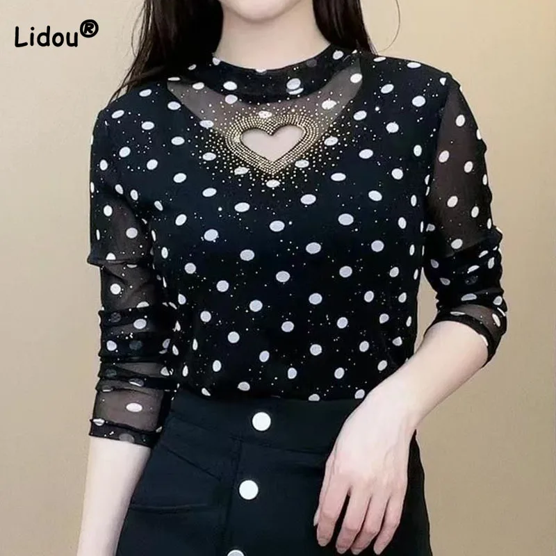 Fashion Casual Hollow Out Polka Dot Print T-shirt Women's Clothing 2023 Spring Summer Korean All-match Slim Long Sleeve Tops