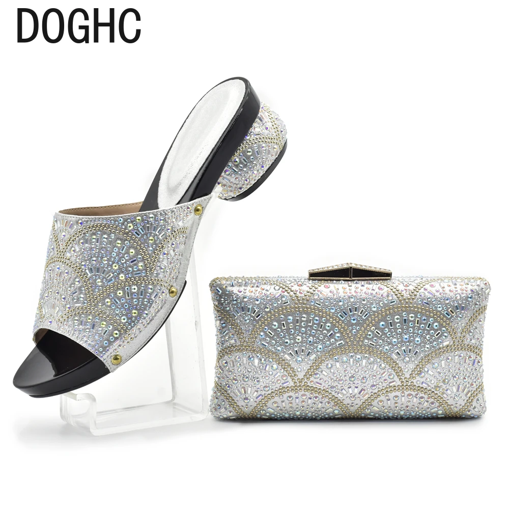 

New Fashion Italian Shoes and Bags Matching Set Decorated with Rhinestone Low Heels Crystal Wedding Pumps Plus Size Shoes Luxury
