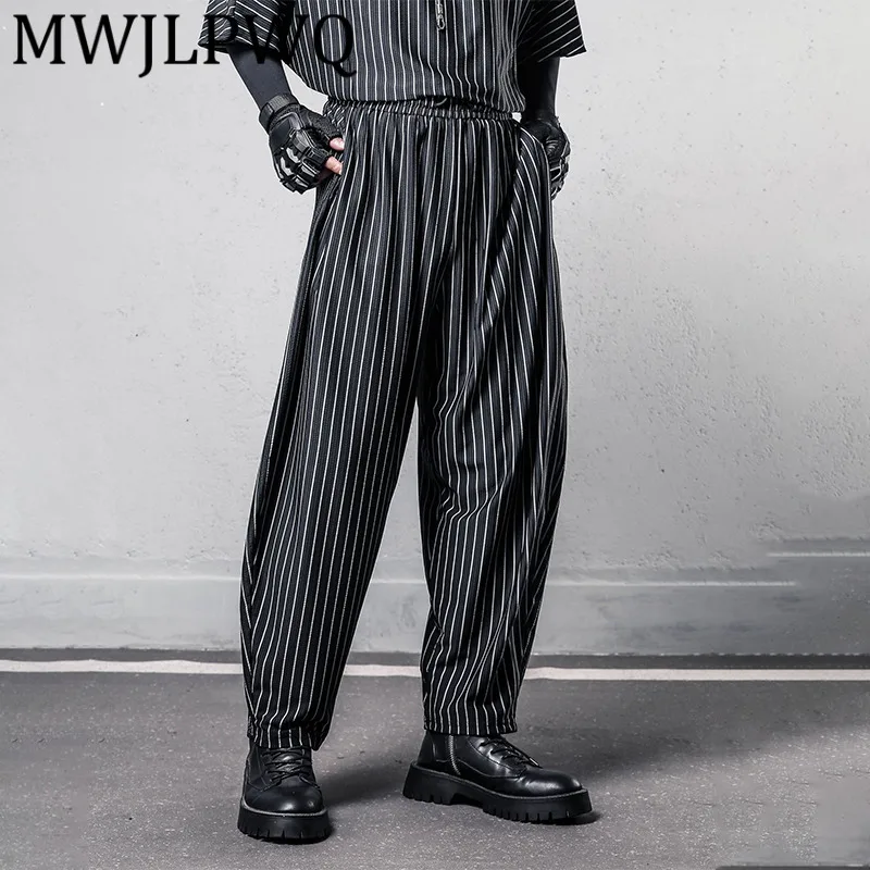 

MWJLPWQ Dark Style Personality Design Thin Vertical Striped Draped Elastic Summer Loose Wrinkle-Resistant Casual Pants Men 12191