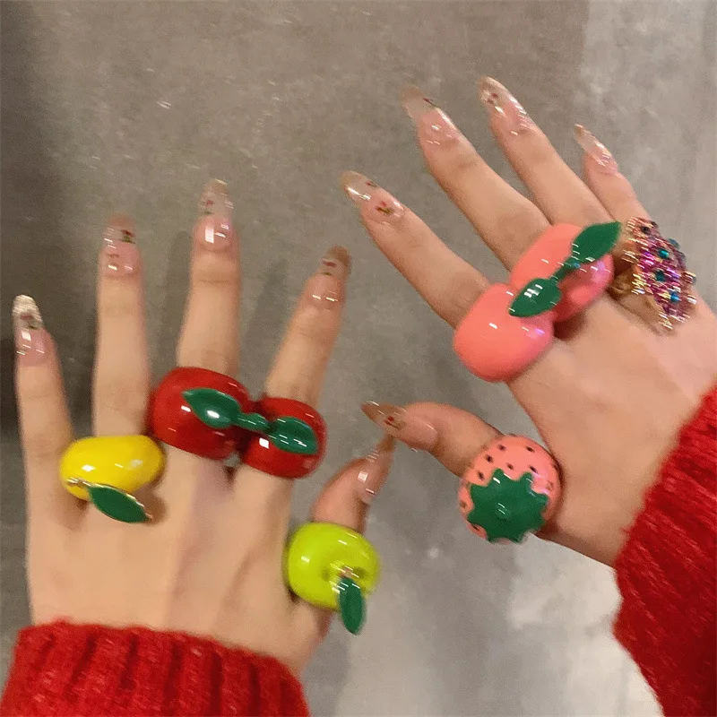HANGZHI INS Colourful Enamel Oil Drip Irregular Cherry Strawberry Apple Ring Fashion Creative Chunky Jewelry For Women 2025 New