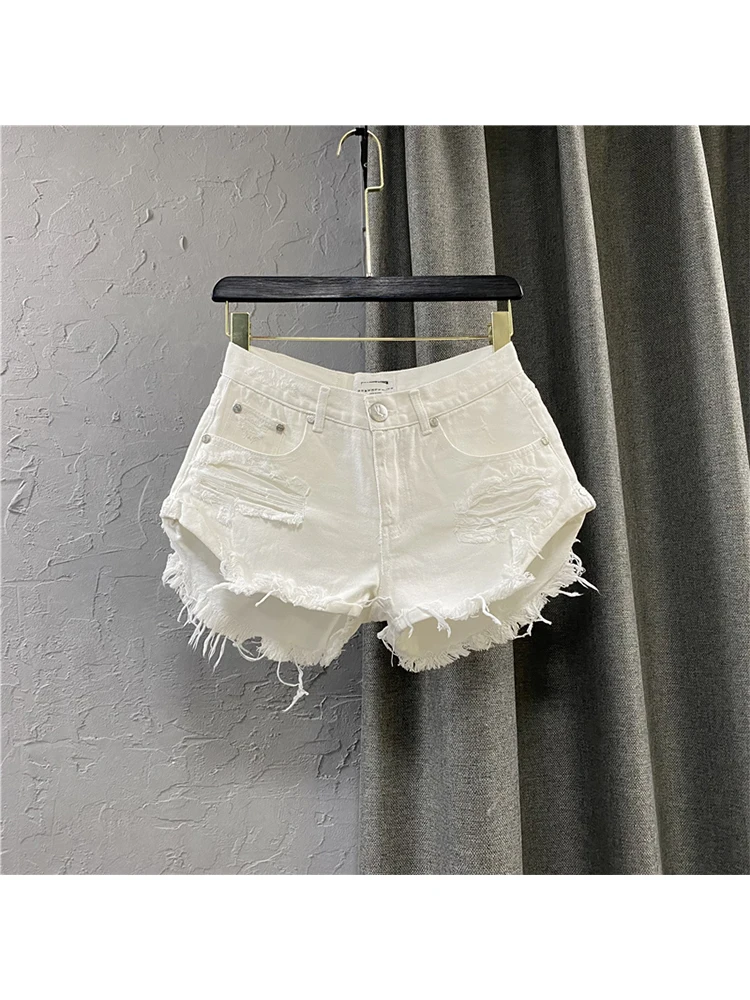 

Women's White Mini Denim Shorts Ripped High Waist Jean Shorts Vintage Streetwear Korean Fashion Tassel Short Pants 2000s Clothes