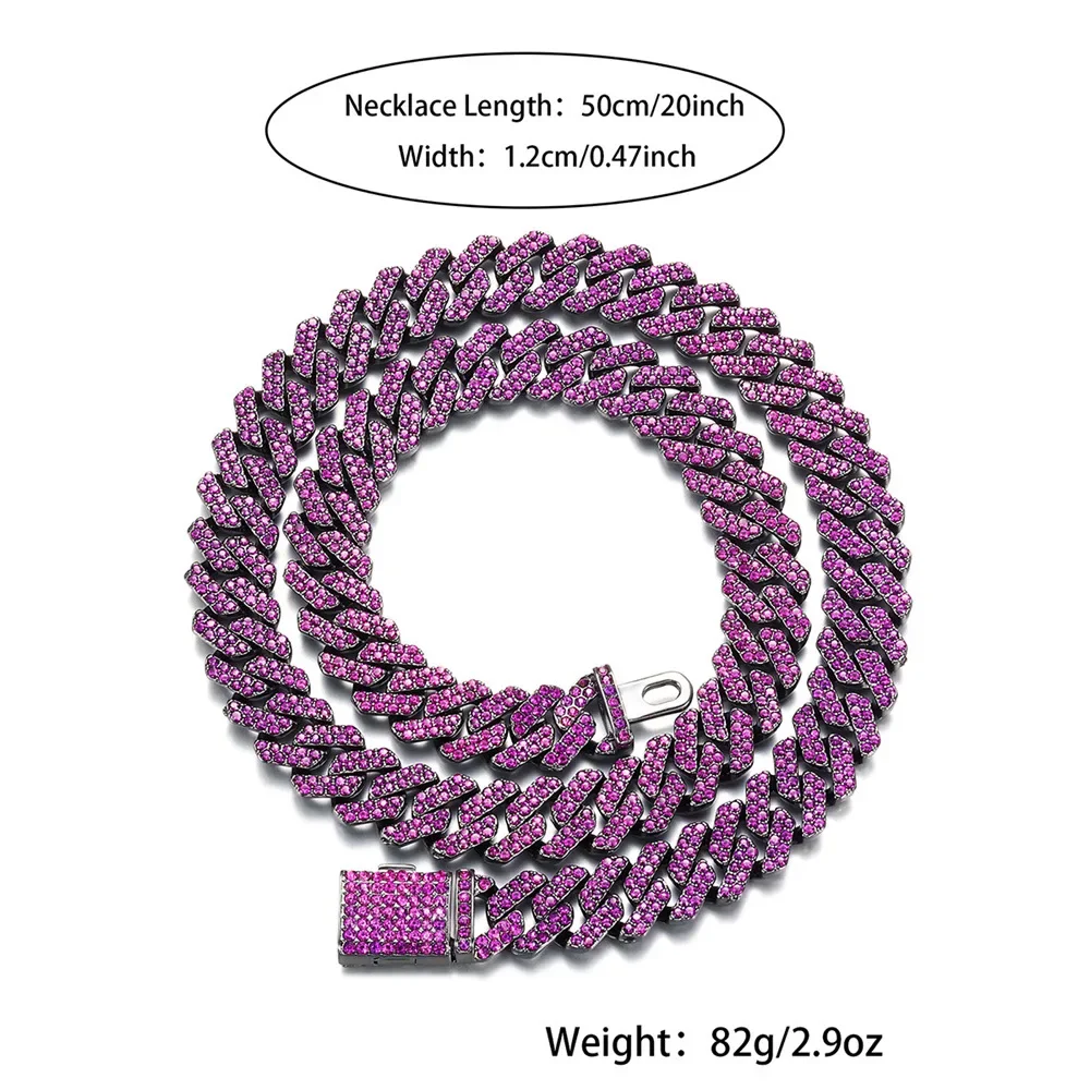 Hip Hop Fashion Bling Purple CZ Stones Cuban Chain Tennis Chain For Men Women Iced Out Heavy Rapper Party Necklace Jewelry