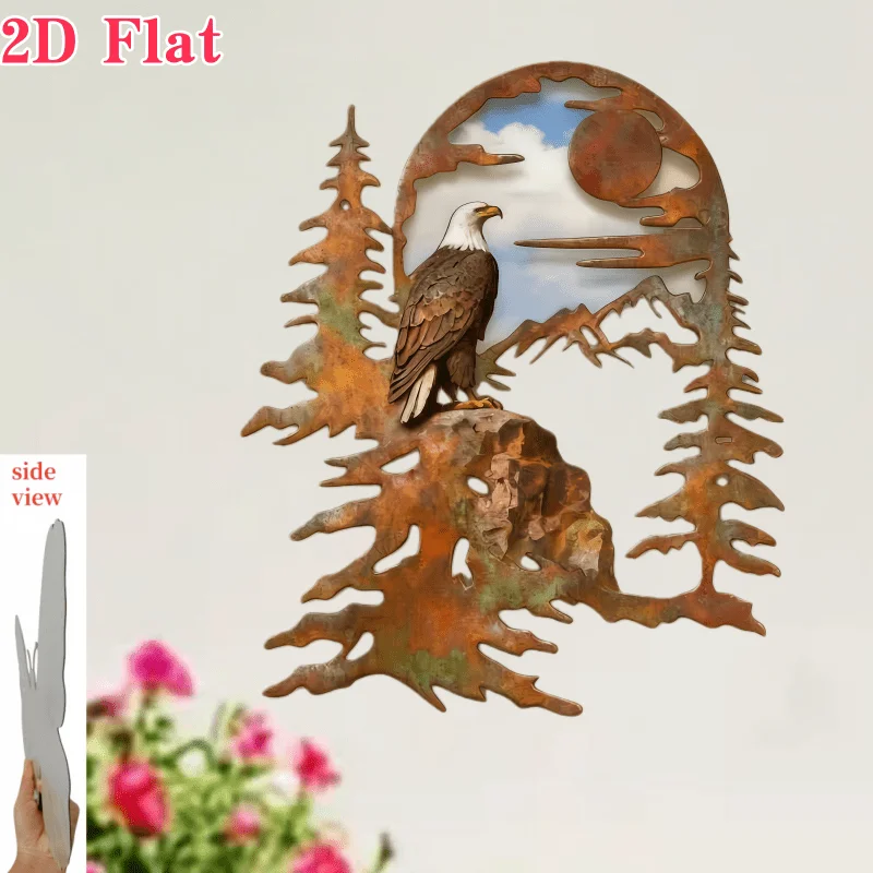 CIFBUY Aluminum Metal Wall Art, 2D Flat Cutout Bald Eagle Mountain Forest Scene Wall Decor, Wildlife Metal Wall Hanging
