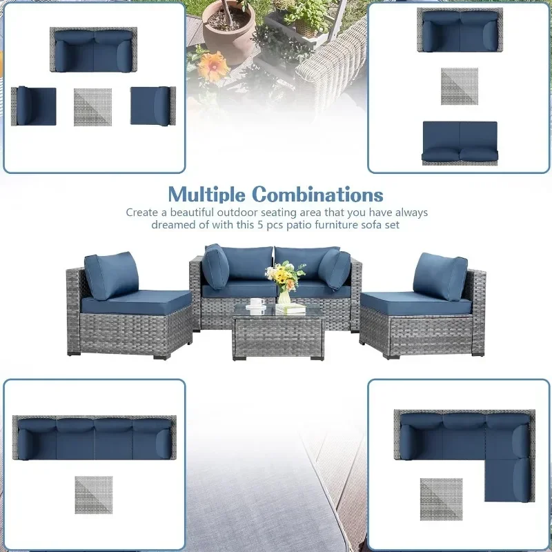 5 Pieces Outdoor Patio Sectional Sofa Couch, Silver Gray PE Wicker Furniture Conversation Sets with Washable Cushions A