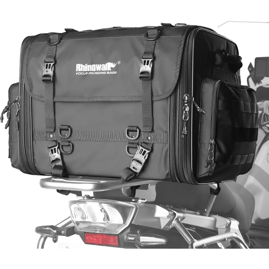 

Expandable 80L Waterproof Motorcycle Tail Bag for AllWeather Travel Compatible with Trunk Rack and Sissy Bar Straps Includes He
