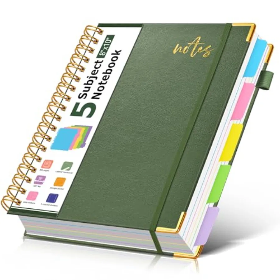 

5 Subject Spiral Notebook Journal with Removable Dividers Tabs, 300 Pages Organizer Notebooks for Work School, 8"x10" Hardcover