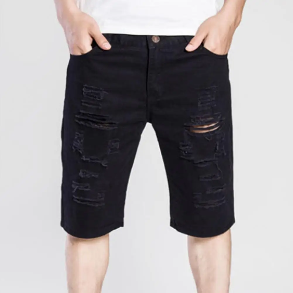 2024 New White Denim Shorts Men Ripped Knee Length Fashion Jeans Casual Hole Slim Male Short Pants Streetwear