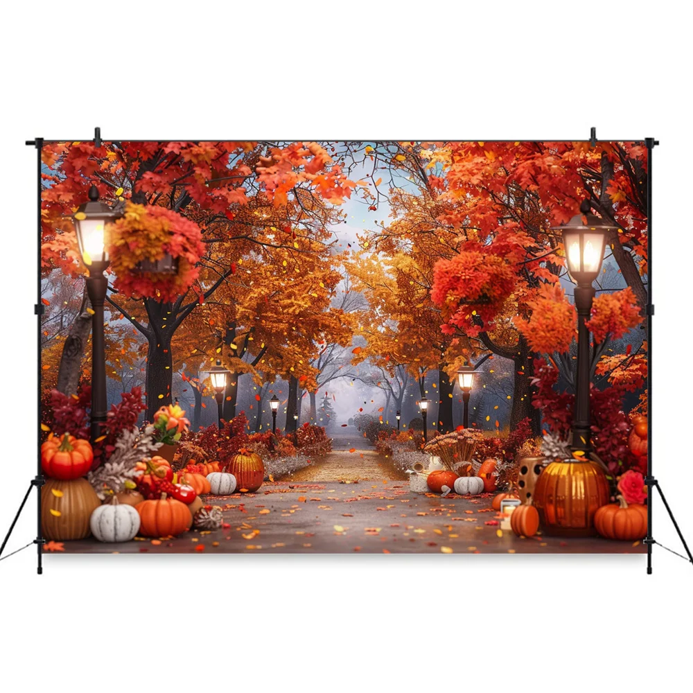 Autumn Photography Background Pumpkin Maple Leaves Street Light Backdrop Decor Family Kid Thanksgiving Day Birthday Photo Studio