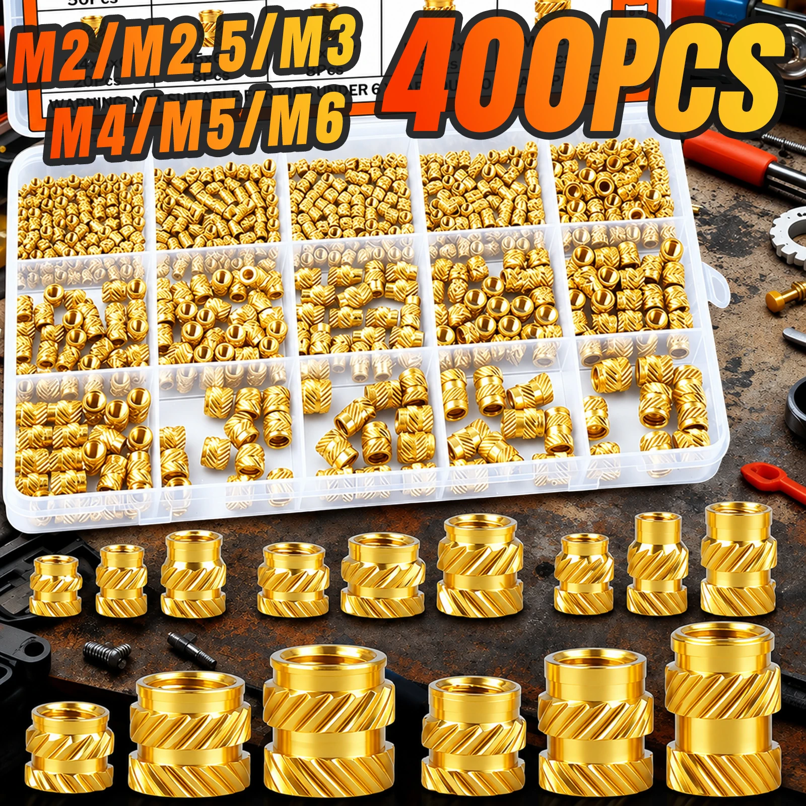 400Pcs Premium Brass Threaded Inserts Kit - M2/M2.5/M3/M4/M5/M6 Knurled Nuts for 3D Printing & PLA/ABS/PETG/PP/PPS Plastics