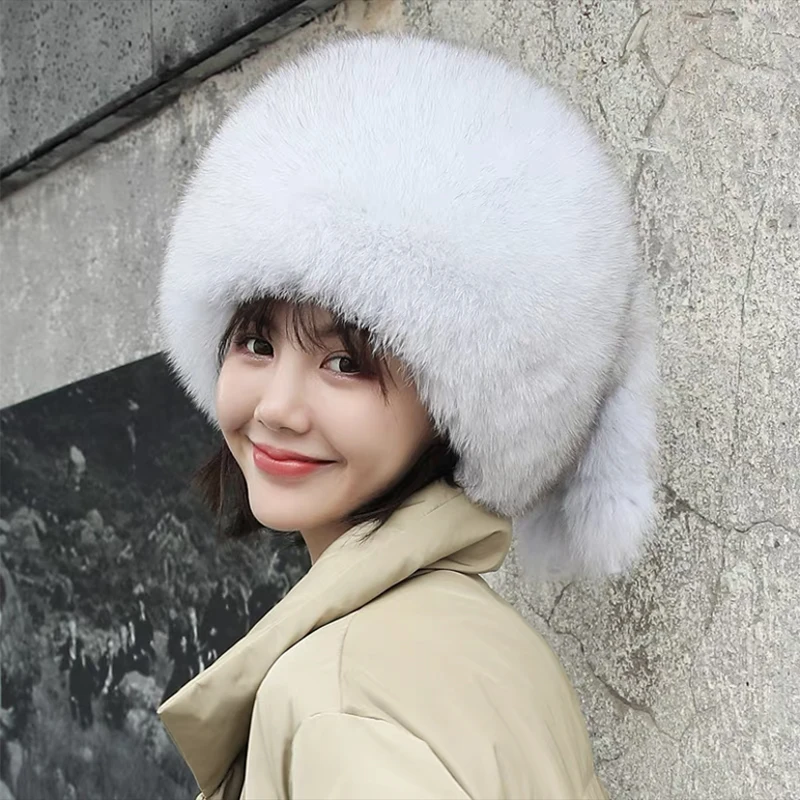 Women Winter Natural Raccoon Fur Hat Real Fox Fur Hat Korean Russian Thick Warm Thick Fur Hat Real Fur Cap